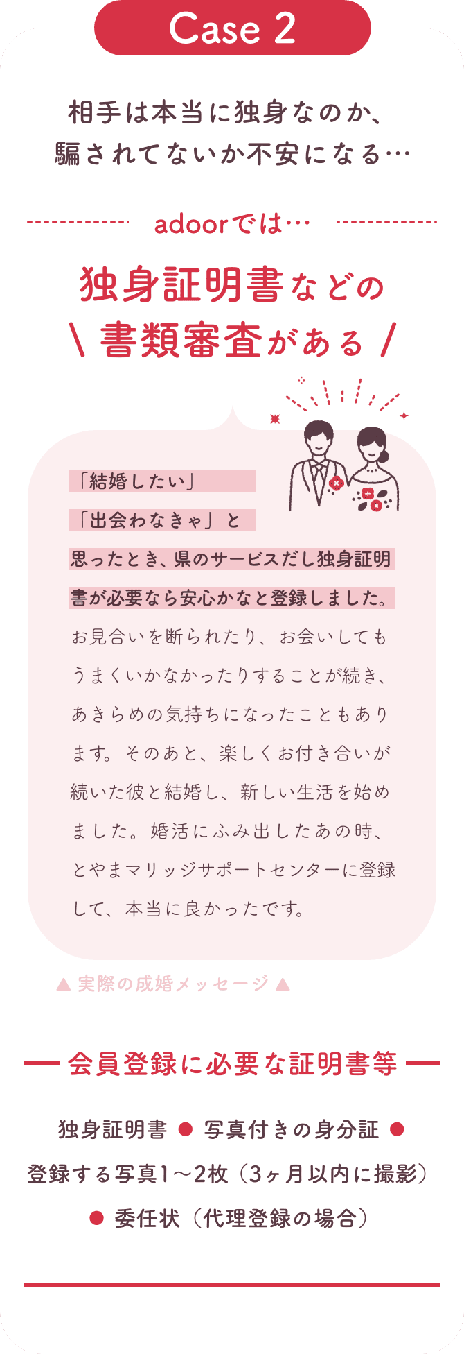 相手は本当に独身なのか不安だったが、とやまマリッジサポートセンターでは独身証明書などの書類審査があるため安心かなと登録。