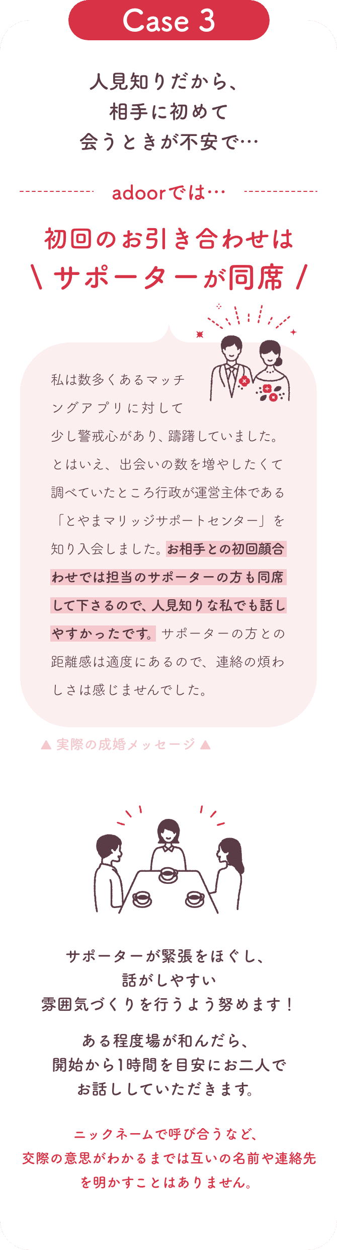 人見知りだから初対面が不安だったが、初回のお引き合わせはサポーターが同席。話しやすかった。