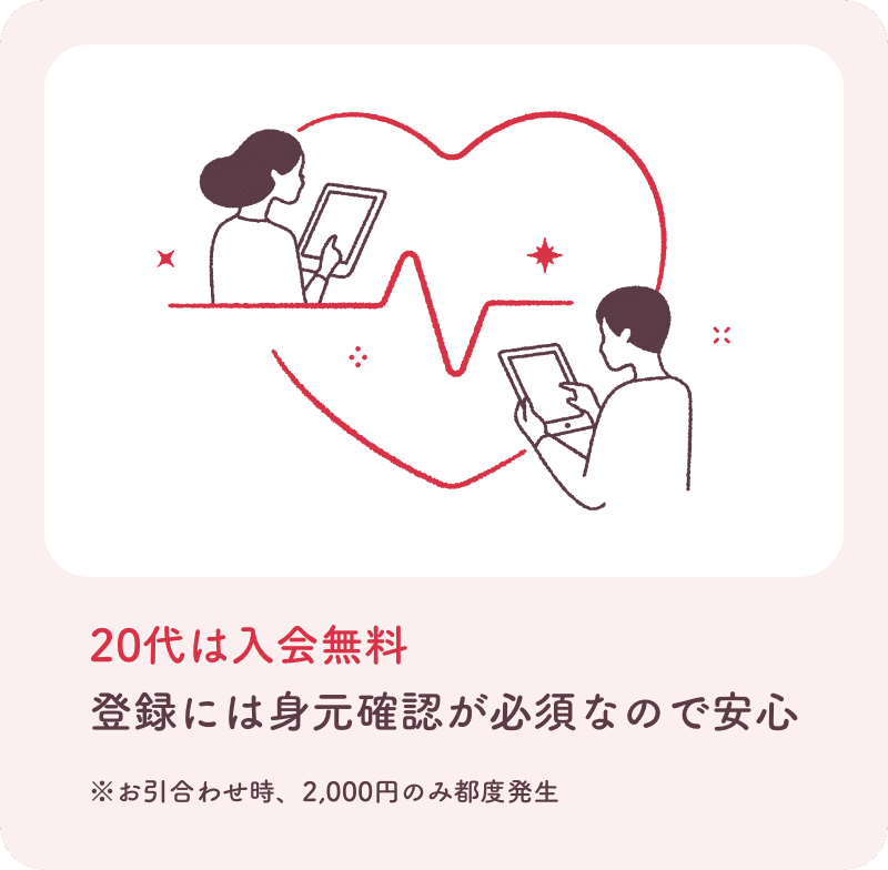 20代は入会無料。登録には身元確認が必須なので安心。お引き合わせ時、2000円のみ都度発生。